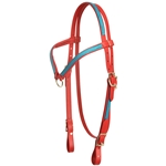 ****PHOTO SAMPLE*** $20 Chili Red Beta Biothane with Light Blue Overlay Western Headstall with Center Ring - Horse Size