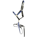 ****PHOTO SAMPLE*** $30 Black Better Than Leather with Dark Blue Overlay Halter with Matching Lead - Horse Size
