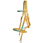 ****PHOTO SAMPLE*** $30 Gold Beta Biothane with Teal Overlay 2 in 1 Bitless Bridle Headstall - Horse Size