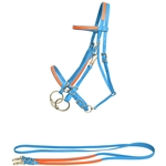 ****PHOTO SAMPLE*** $30 Light Blue Beta Biothane with Orange Overlay Halter Bridle with Bit Hangers & Matching Reins - Horse Size