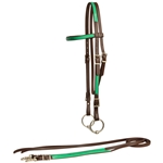 ****PHOTO SAMPLE*** $20 Dark Brown Beta Biothane with Green Overlay Western Bridle & Reins - Horse Size