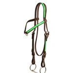 ****PHOTO SAMPLE*** $10 Dark Brown Beta Biothane with Green Overlay 2 Center Ring Browband Western Headstall - Horse Size