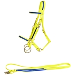 ****PHOTO SAMPLE*** $20 Safety Yellow Beta Biothane with Dark Blue Overlay Halter Bridle with Bit Hangers and Matching Reins - Horse Size