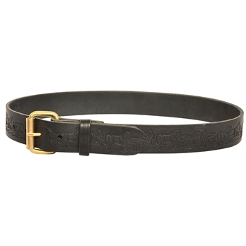 ****CLEARANCE ITEM*** $20 Black Leather Waist Belt with Running Horse Design - 32 inches long