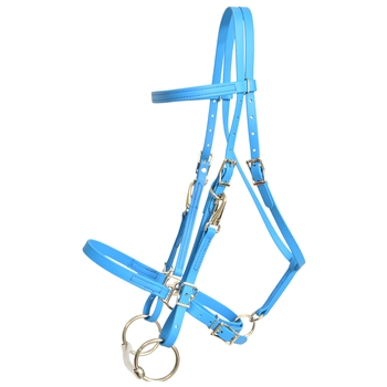 ****PHOTO SAMPLE*** $30 Sky/Light Blue Blue Beta Biothane Halter Bridle with Bit Hangers Headstall with Purple Thread - Horse Size