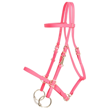 ****PHOTO SAMPLE*** $30 Bubblegum Pink Beta Biothane Halter Bridle with Bit Hangers Headstall with Purple Thread - Horse Size
