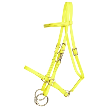 ****PHOTO SAMPLE*** $30 Safety Yellow Beta Biothane Halter Bridle with Bit Hangers Headstall with Purple Thread - Horse Size