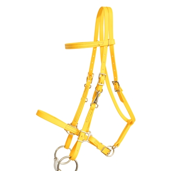 ****PHOTO SAMPLE*** $30 Sunflower Yellow Beta Biothane Halter Bridle with Bit Hangers Headstall with Purple Thread - Horse Size